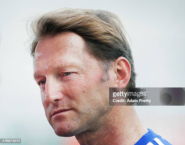 Ralph Hasenhuettl Head Coach of FC Ingolstadt speaks to the media during first day of training at Audi Sportpark on June 28, 2015 in Ingolstadt,...