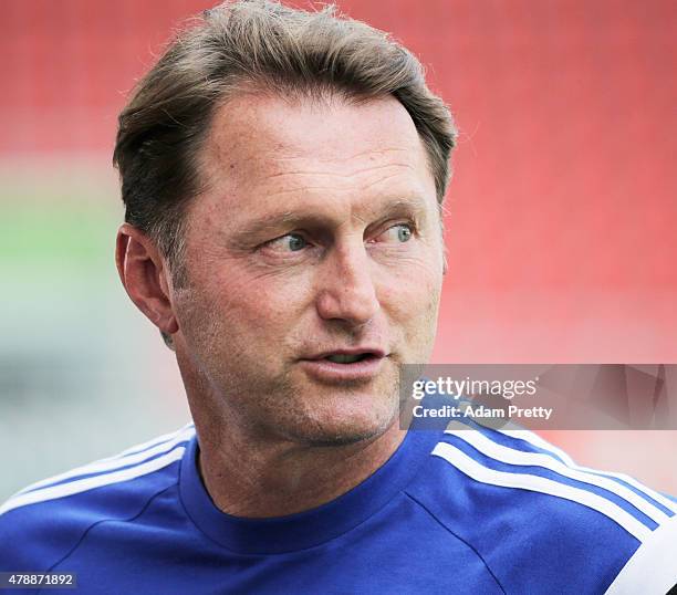 Ralph Hasenhuettl Head Coach of FC Ingolstadt speaks to the media during first day of training at Audi Sportpark on June 28, 2015 in Ingolstadt,...