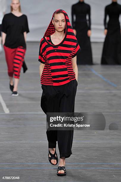 Model walks the runway during the Y3 Menswear Spring/Summer 2016 show as part of Paris Fashion Week on June 28, 2015 in Paris, France.