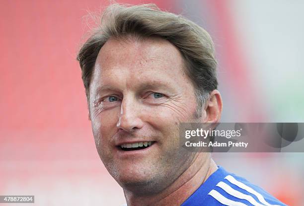 Ralph Hasenhuettl Head Coach of FC Ingolstadt speaks to the media during first day of training at Audi Sportpark on June 28, 2015 in Ingolstadt,...