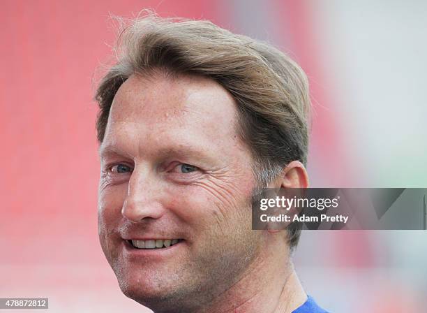 Ralph Hasenhuettl Head Coach of FC Ingolstadt speaks to the media during first day of training at Audi Sportpark on June 28, 2015 in Ingolstadt,...