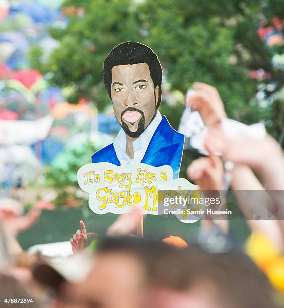 Sign is held up as Lionel Richie performs at the Glastonbury Festival at Worthy Farm, Pilton on June 28, 2015 in Glastonbury, England.