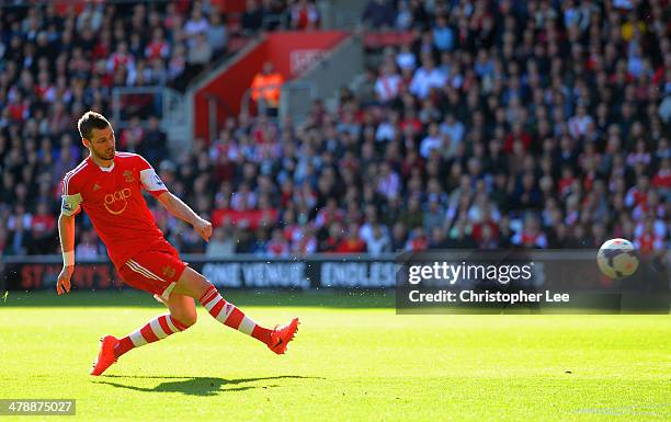 Morgan Schneiderlin of Southampton scores the opening goal during the Barclays Premier League match between Southampton and Norwich City at St Mary's...