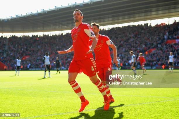 Morgan Schneiderlin of Southampton celebrates scoring the opening goal with Jay Rodriguez of Southampton during the Barclays Premier League match...