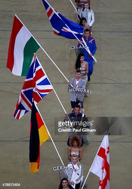 Flagbearer and Boxer, Joe Joyce of Great Britain carries his nations flag into the stadium during the Closing Ceremony for the Baku 2015 European...