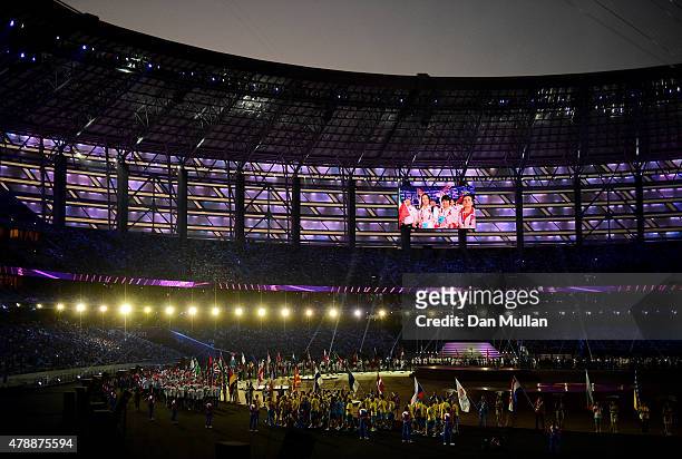 The Athletes of the competing nations enter the stadium during the Closing Ceremony for the Baku 2015 European Games at Olympic Stadium on June 28,...