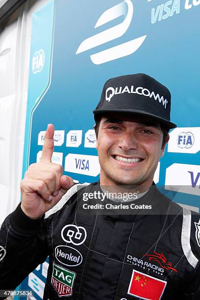 Nelson Piquet Jnr of Brazil celebrates after winning the inaugral Formula E Championship at Battersea Park Track on June 28, 2015 in London, England.