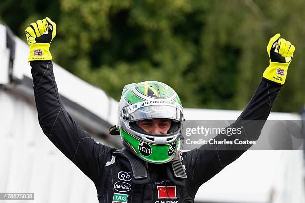 Nelson Piquet Jnr of Brazil celebrates after winning the inaugral Formula E Championship at Battersea Park Track on June 28, 2015 in London, England.