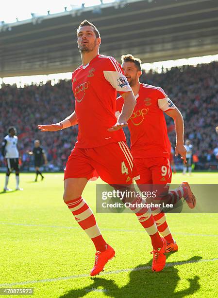 Morgan Schneiderlin of Southampton celebrates scoring the opening goal with Jay Rodriguez of Southampton during the Barclays Premier League match...