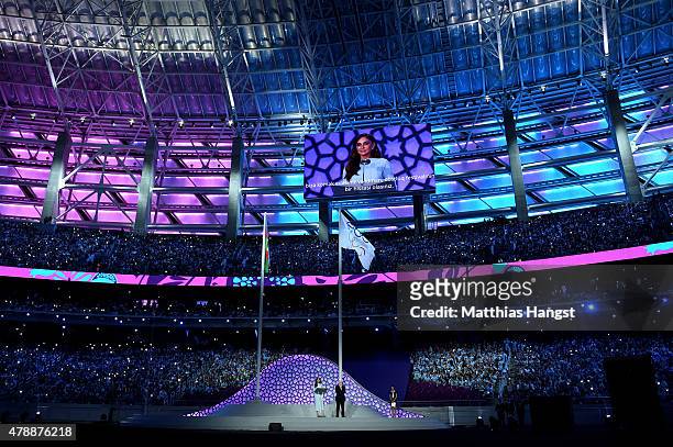 First Lady of Azerbaijan and Chair of the Baku 2015 European Games Organising Committee, Mehriban Aliyeva makes a speech during the Closing Ceremony...