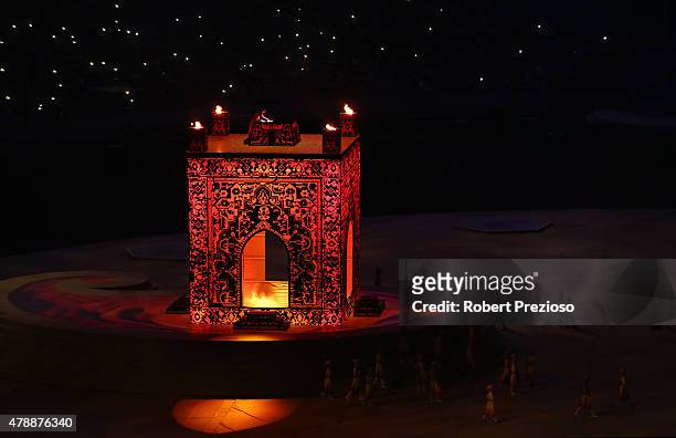 An representation of the Ateshgah Fire Temple rises from the stadium floor during the Closing Ceremony for the Baku 2015 European Games at National...