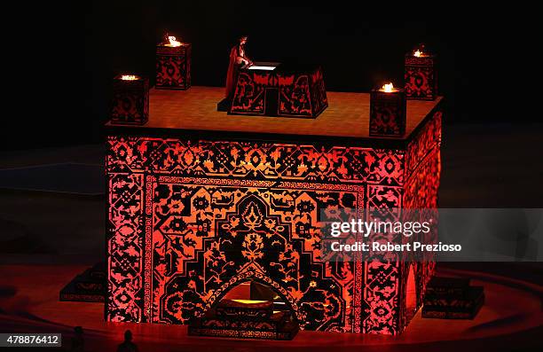 An representation of the Ateshgah Fire Temple rises from the stadium floor during the Closing Ceremony for the Baku 2015 European Games at National...