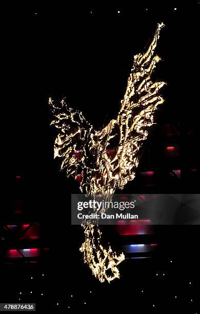 Burning 'Simmurg' rises above the stadium during the Closing Ceremony for the Baku 2015 European Games at National Stadium on June 28, 2015 in Baku,...