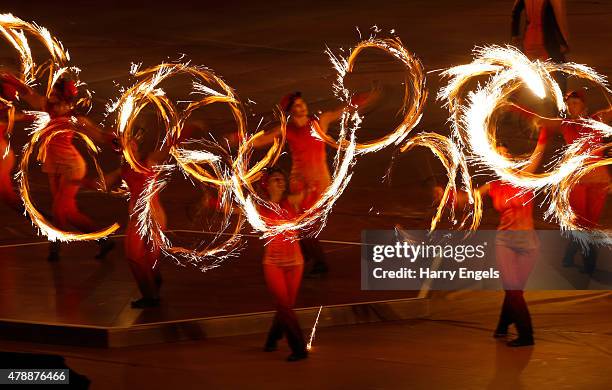 Fire dancers perform during the Closing Ceremony for the Baku 2015 European Games at Olympic Stadium on June 28, 2015 in Baku, Azerbaijan.