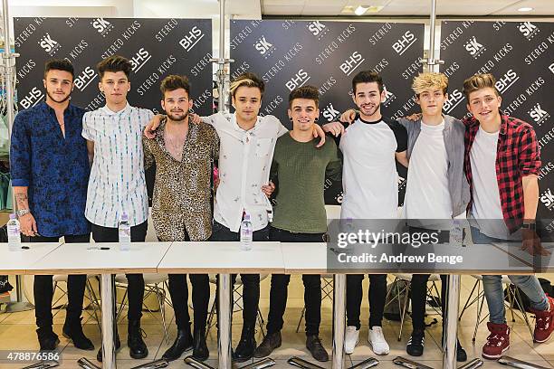 Barclay Beales, James Graham, Tom Mann, Casey Johnson, Jake Sims, Chris Leonard, Reece Bibby and Charlie Jones of Stereo Kicks attend the launch of...