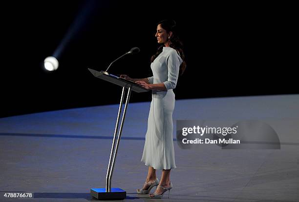 First Lady of Azerbaijan and Chair of the Baku 2015 European Games Organising Committee, Mehriban Aliyeva makes a speech during the Closing Ceremony...