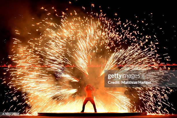 Fire dancers perform during the Closing Ceremony for the Baku 2015 European Games at Olympic Stadium on June 28, 2015 in Baku, Azerbaijan.