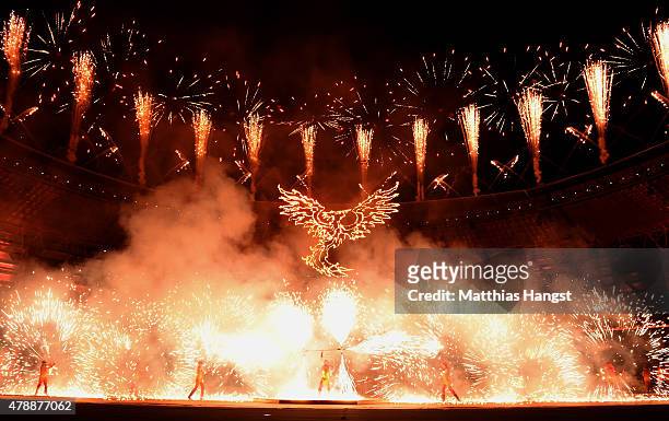 Burning 'Simmurg' rises above the stadium during the Closing Ceremony for the Baku 2015 European Games at National Stadium on June 28, 2015 in Baku,...