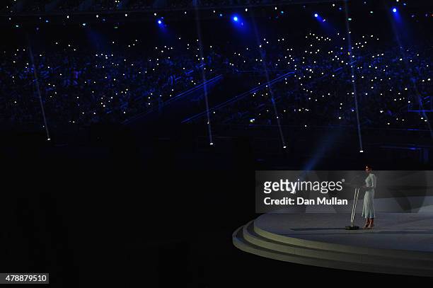 First Lady of Azerbaijan and Chair of the Baku 2015 European Games Organising Committee, Mehriban Aliyeva makes a speech during the Closing Ceremony...