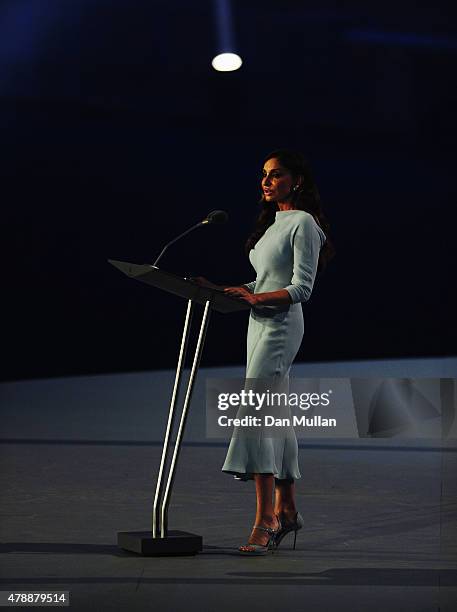 First Lady of Azerbaijan and Chair of the Baku 2015 European Games Organising Committee, Mehriban Aliyeva makes a speech during the Closing Ceremony...