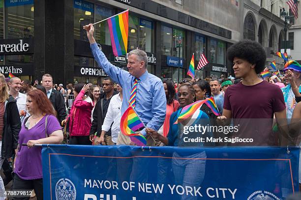 Mayor Bill de Blasio, Chirlane McCray and Dante de Blasio attend the New York City Pride March on June 28, 2015 in New York City.
