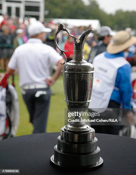 The Open Championship Trophy is seen near the first tee box during the final round of the Travelers Championship held at TPC River Highlands on June...