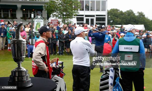 The Open Championship Trophy is seen near the first tee box during the final round of the Travelers Championship held at TPC River Highlands on June...