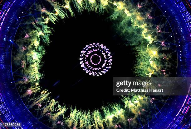 Fireworks explode above the stadium during the Closing Ceremony for the Baku 2015 European Games at National Stadium on June 28, 2015 in Baku,...