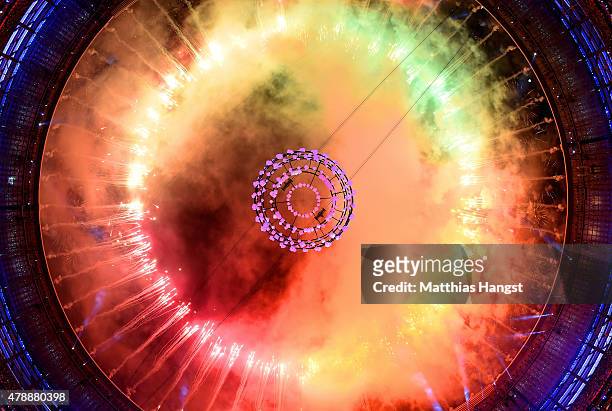 Fireworks explode above the stadium during the Closing Ceremony for the Baku 2015 European Games at National Stadium on June 28, 2015 in Baku,...