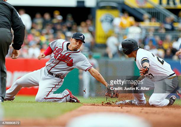 Jung Ho Kang of the Pittsburgh Pirates steals second base in the first inning against Andrelton Simmons of the Atlanta Braves during the game at PNC...