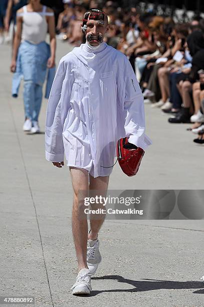 Model walks the runway at the Hood by Air Spring Summer 2016 fashion show during Paris Menswear Fashion Week on June 28, 2015 in Paris, France.