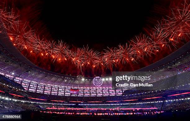 Fireworks explode above the stadium during the Closing Ceremony for the Baku 2015 European Games at National Stadium on June 28, 2015 in Baku,...