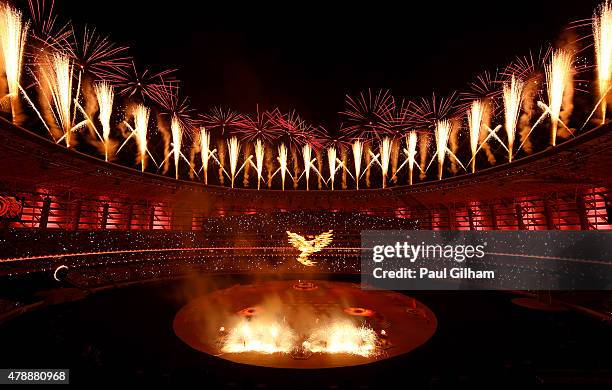 Fireworks explode above the stadium during the Closing Ceremony for the Baku 2015 European Games at National Stadium on June 28, 2015 in Baku,...