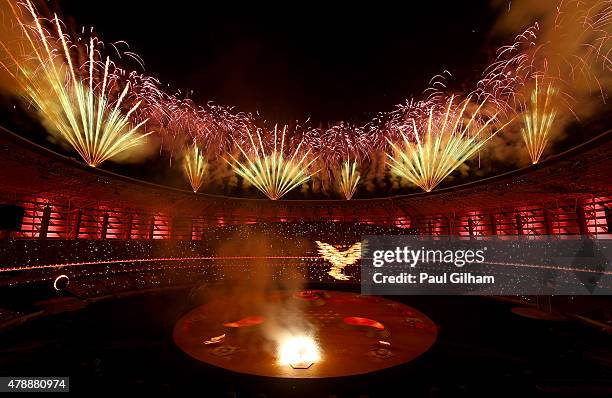 Fireworks explode above the stadium during the Closing Ceremony for the Baku 2015 European Games at National Stadium on June 28, 2015 in Baku,...