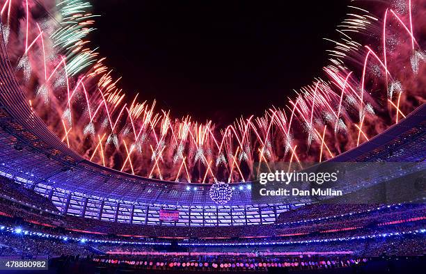 Fireworks explode above the stadium during the Closing Ceremony for the Baku 2015 European Games at National Stadium on June 28, 2015 in Baku,...