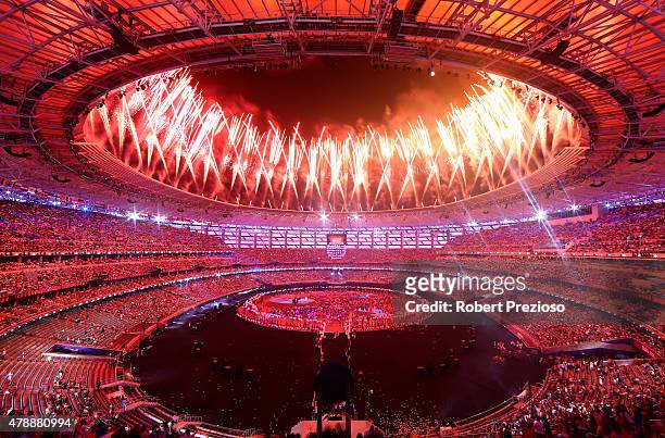 Fireworks explode above the stadium during the Closing Ceremony for the Baku 2015 European Games at National Stadium on June 28, 2015 in Baku,...