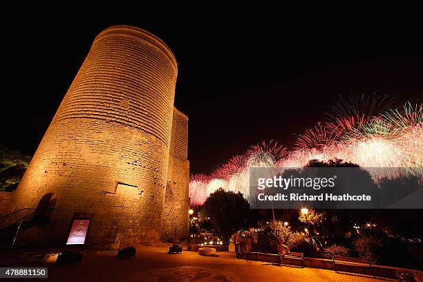 The Maiden Tower is seen as fireworks go off in the bay during the Closing Ceremony for the Baku 2015 European Games in the Baku Old City on June 28,...