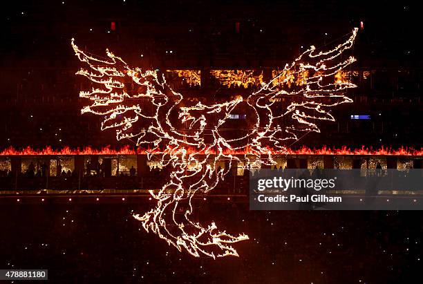 Burning 'Simmurg' rises above the stadium during the Closing Ceremony for the Baku 2015 European Games at National Stadium on June 28, 2015 in Baku,...