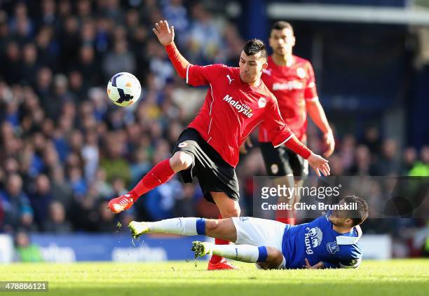 Gary Medel of Cardiff City in action with Kevin Mirallas of Everton during the Barclays Premier League match between Everton and Cardiff City at...