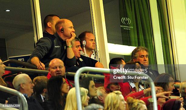 Scotland head coach Scott Johnson and his backroom staff look on during the RBS Six Nations match between Wales and Scotland at Millennium Stadium on...