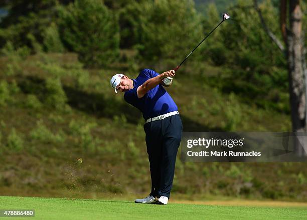 Jack Senior of England in action during the 2015 SSE Scottish Hydro Challenge at the MacDonald Spey Valley Championship Golf Course on June 28, 2015...