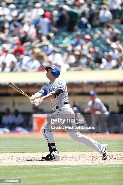 Kyle Blanks of the Texas Rangers bats during the game against the Oakland Athletics at O.co Coliseum on June 11, 2015 in Oakland, California. The...