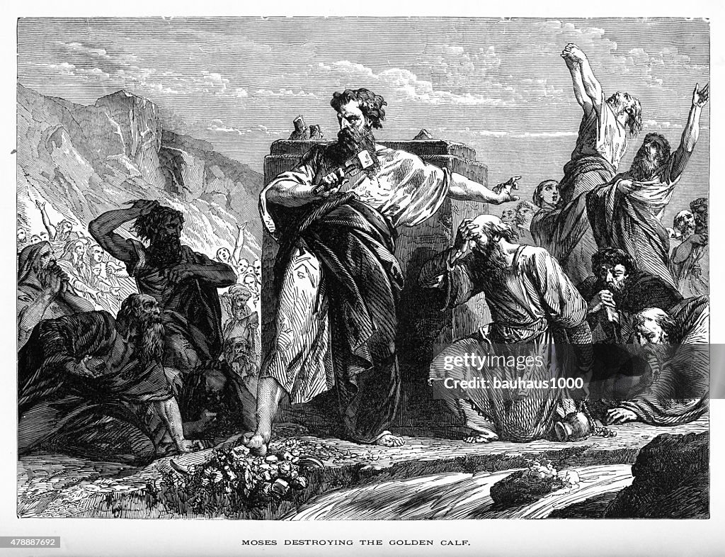 Moses Destroying the Golden Calf Biblical Engraving
