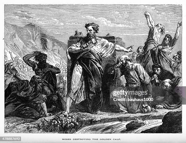 moses destroying the golden calf biblical engraving - moses stock illustrations