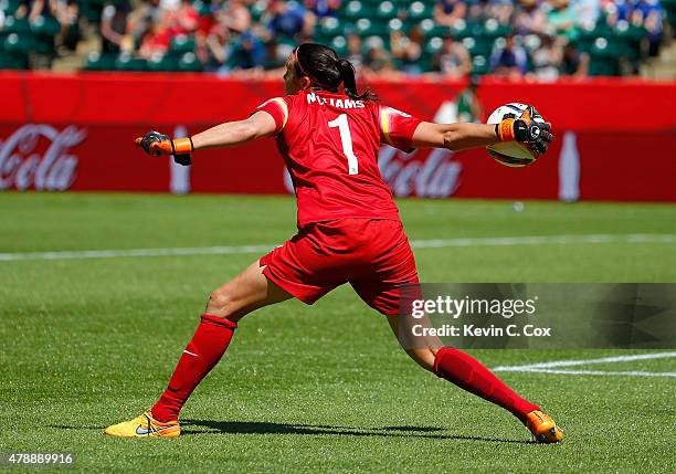 Goalkeeper Lydia Williams of Australia in action against Japan during the FIFA Women's World Cup Canada 2015 Quarter Final match between Australia...