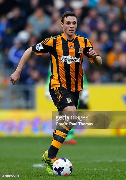 James Chester of Hull City in action during the Barclays Premier League match between Hull City and Manchester City at the KC Stadium on March 15,...