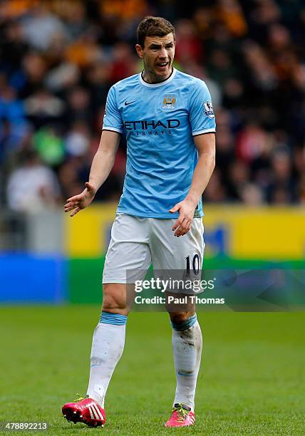 Edin Dzeko of Manchester City in gestures during the Barclays Premier League match between Hull City and Manchester City at the KC Stadium on March...