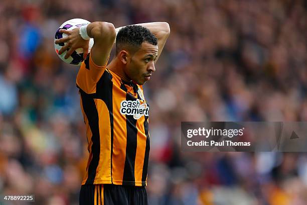 Liam Rosenior of Hull City in action during the Barclays Premier League match between Hull City and Manchester City at the KC Stadium on March 15,...