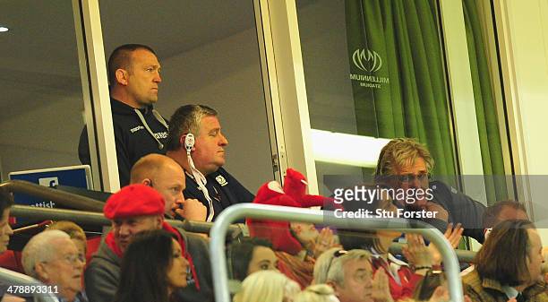 Scotland head coach Scott Johnson and his backroom staff look on during the RBS Six Nations match between Wales and Scotland at Millennium Stadium on...