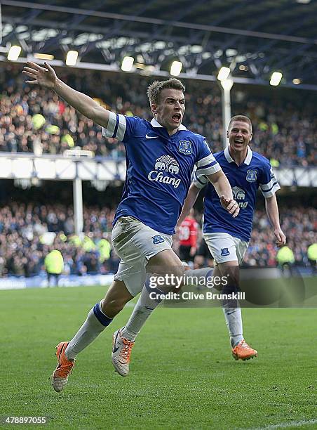 Seamus Coleman of Everton celebrates after scoring the winning goal during the Barclays Premier League match between Everton and Cardiff City at...